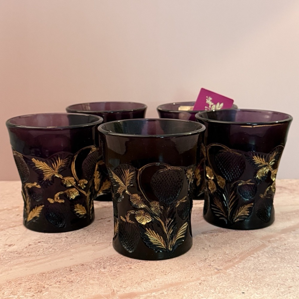 Bennett Purple Inverted Strawberry Near Cut Glass Tumblers Set 5 Gold Details